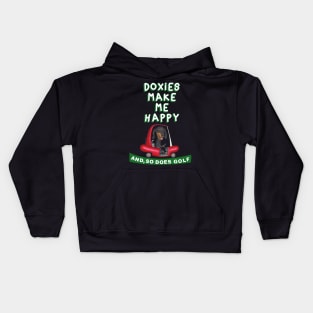 Cute doxie dog with classic golf cart on Black Dachshund in Red Golf Cart tee Kids Hoodie